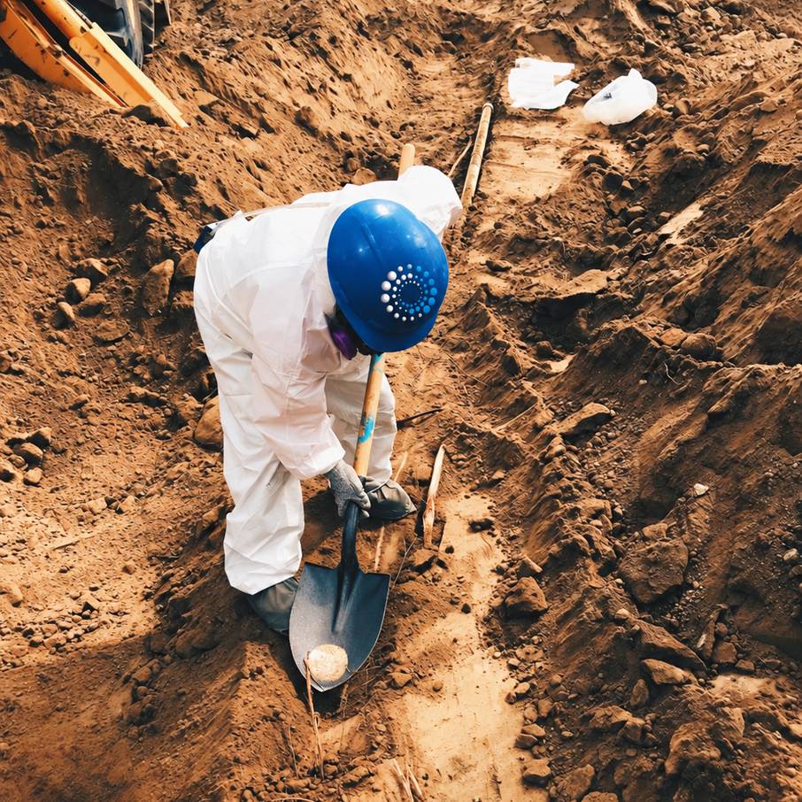 TERRA technician in protective coveralls collecting a soil sample from an excavation trench