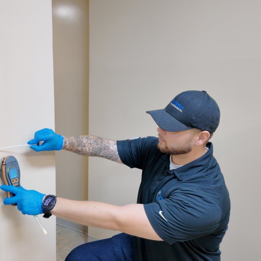 TERRA technician checking a wall for hidden moisture with a handheld meter during a mold investigation